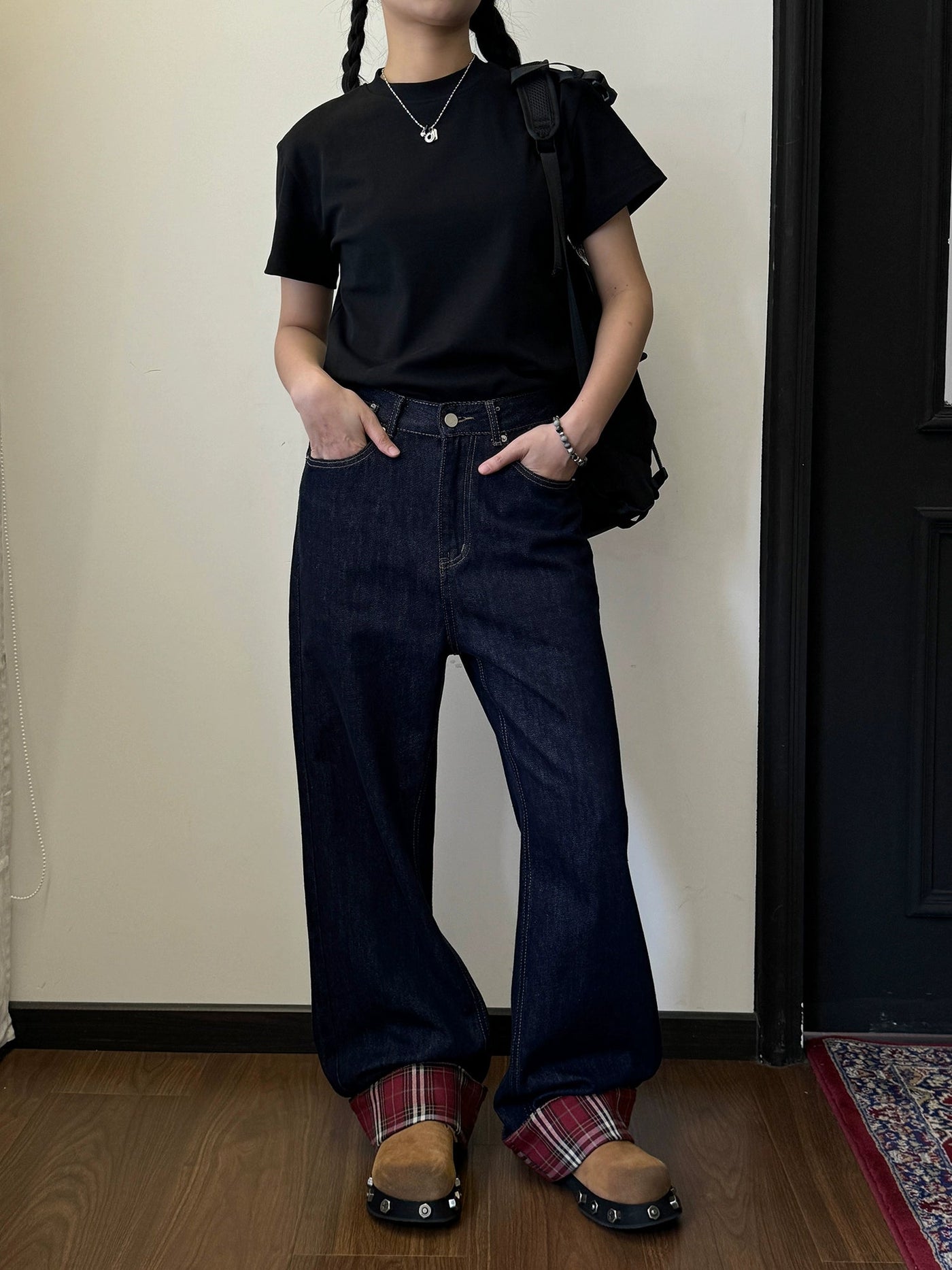 Nine Plaid Splices Buttoned Jeans-korean-fashion-Jeans-Nine's Closet-OH Garments