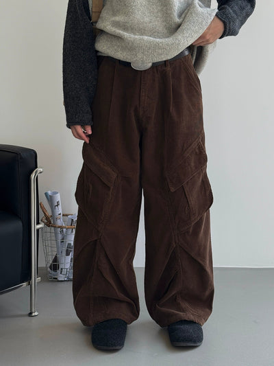 Nine Pleated Corduroy Cargo Pants-korean-fashion-Pants-Nine's Closet-OH Garments