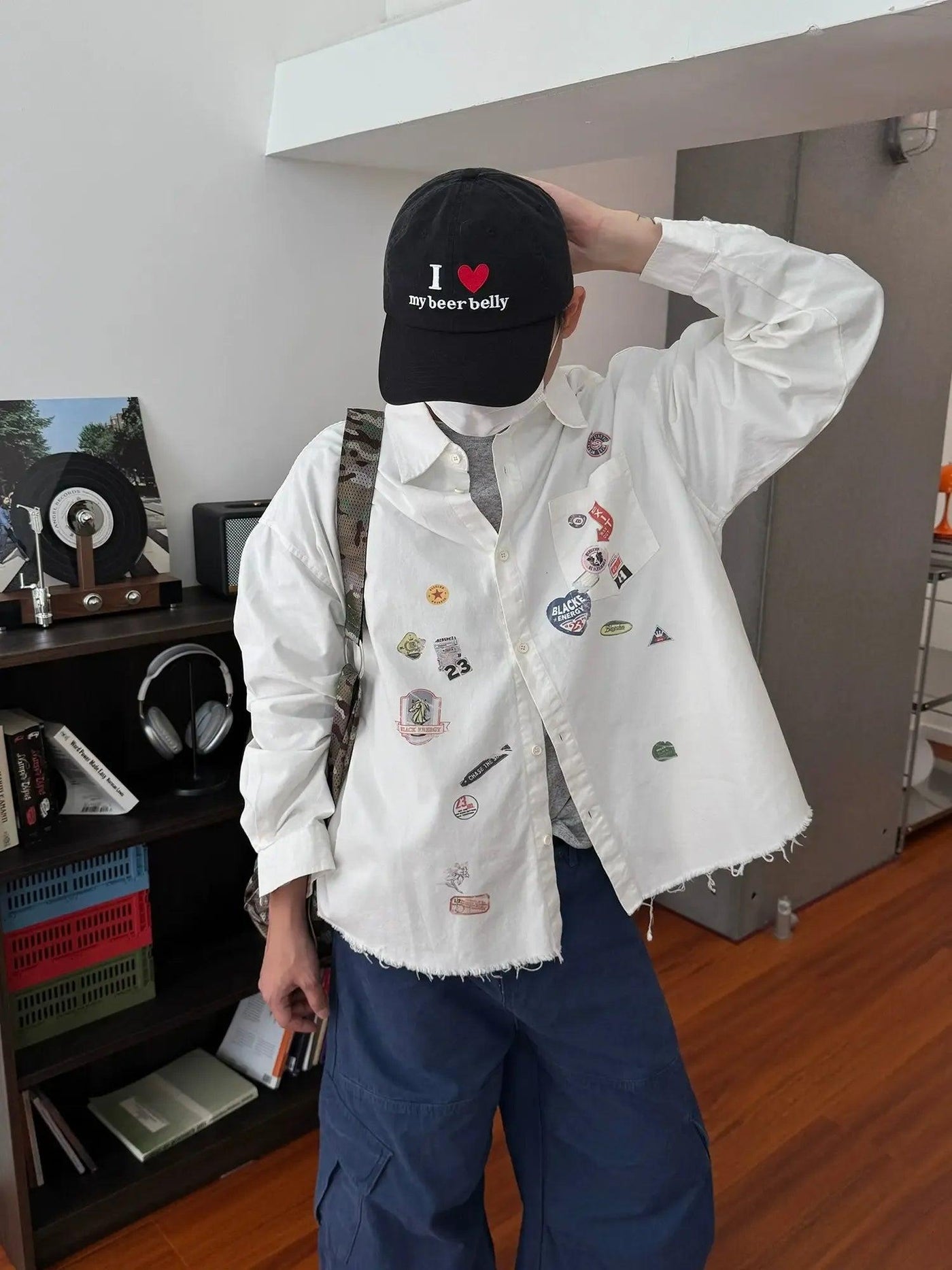 Nine Printed Stickers L/S Denim Shirt-korean-fashion-Shirt-Nine's Closet-OH Garments