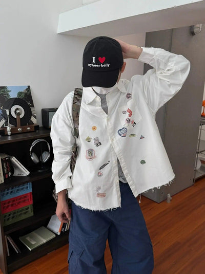 Nine Printed Stickers L/S Denim Shirt-korean-fashion-Shirt-Nine's Closet-OH Garments