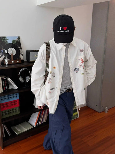 Nine Printed Stickers L/S Denim Shirt-korean-fashion-Shirt-Nine's Closet-OH Garments