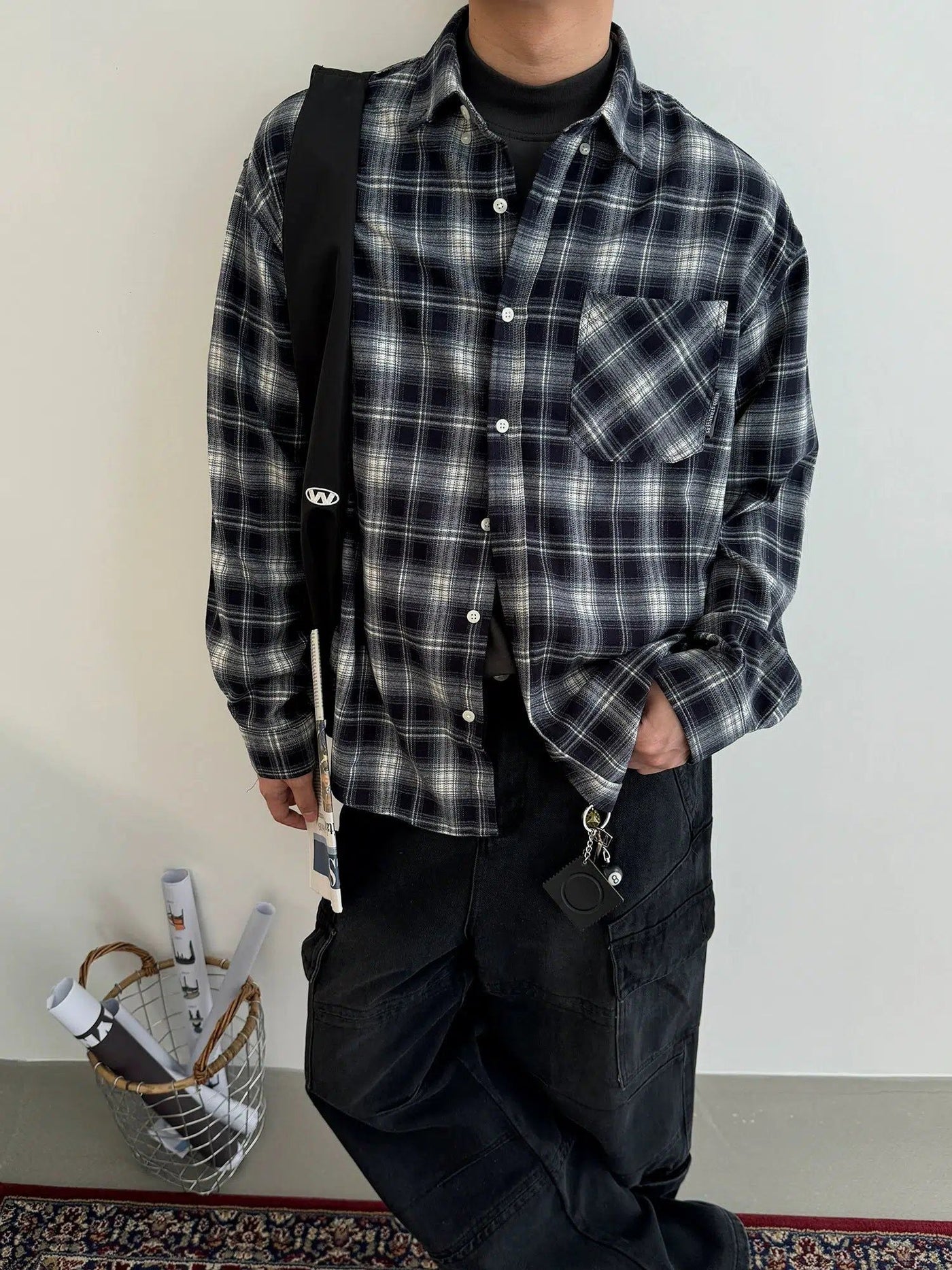 Nine Relaxed Fit Plaid Flannel Shirt-korean-fashion-Shirt-Nine's Closet-OH Garments