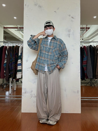Nine Relaxed Fit Plaid Long Sleeve Shirt-korean-fashion-Shirt-Nine's Closet-OH Garments