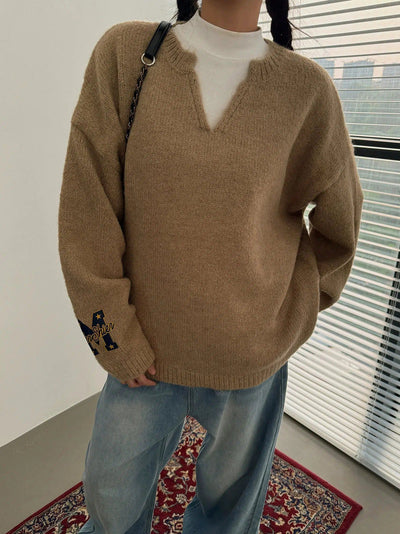 Nine Ribbed Hem Loose Embroidered V-Neck Sweater-korean-fashion-Sweater-Nine's Closet-OH Garments