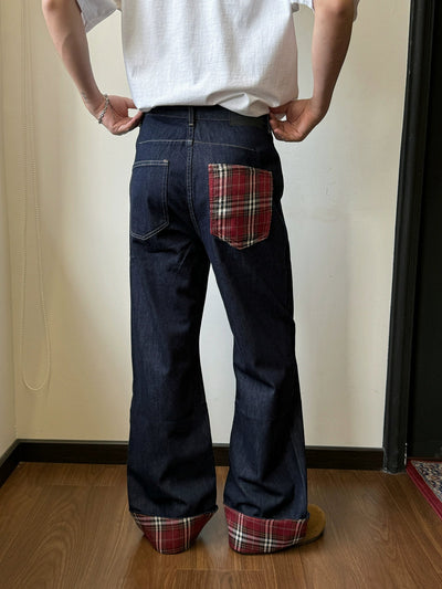 Nine Stitched Plaid Rolled-Up Jeans-korean-fashion-Jeans-Nine's Closet-OH Garments