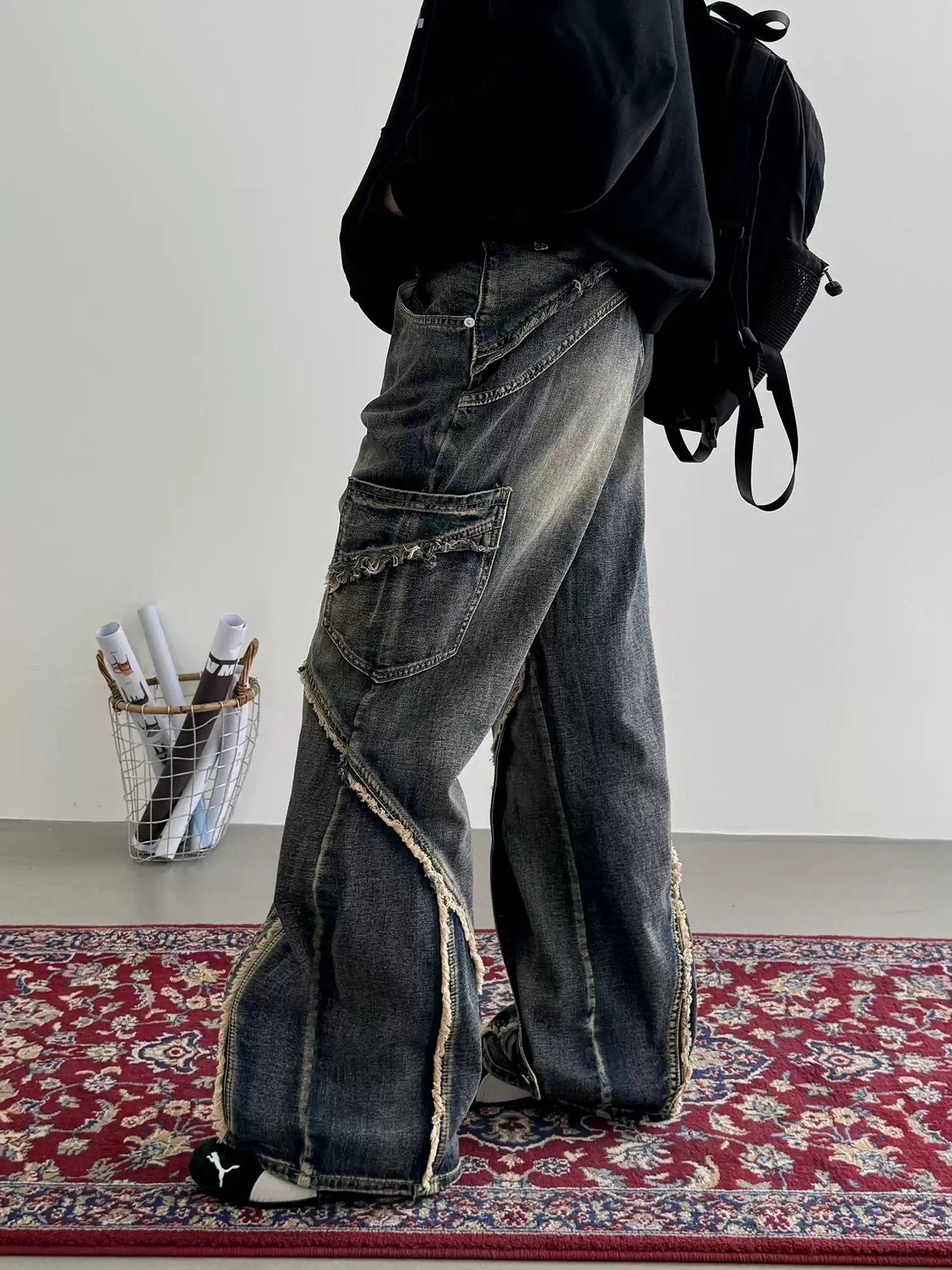 Nine Stitched Raw Edge Flared Jeans-korean-fashion-Jeans-Nine's Closet-OH Garments