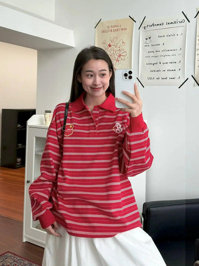 Nine Striped Pattern Long Sleeves Polo-korean-fashion-Polo-Nine's Closet-OH Garments