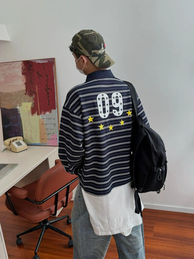 Nine Striped Pattern Long Sleeves Polo-korean-fashion-Polo-Nine's Closet-OH Garments