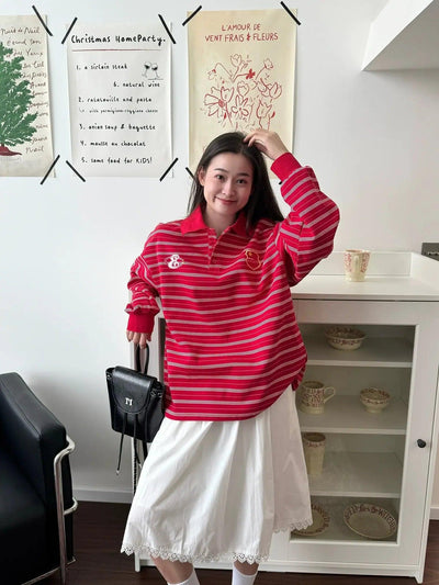 Nine Striped Pattern Long Sleeves Polo-korean-fashion-Polo-Nine's Closet-OH Garments
