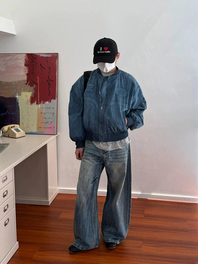 Nine Structured Faded Bomber Denim Jacket-korean-fashion-Jacket-Nine's Closet-OH Garments