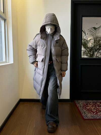 Nine Three-Stripes Hooded Puffer Long Coat-korean-fashion-Long Coat-Nine's Closet-OH Garments