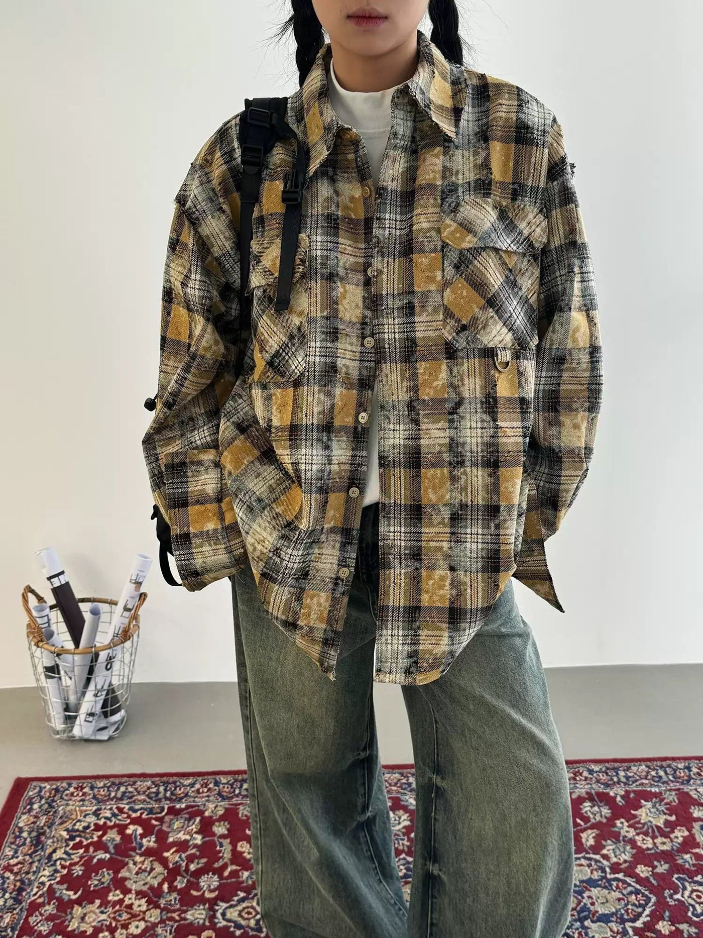 Nine Tie-Dyed Checked Shirt-korean-fashion-Shirt-Nine's Closet-OH Garments