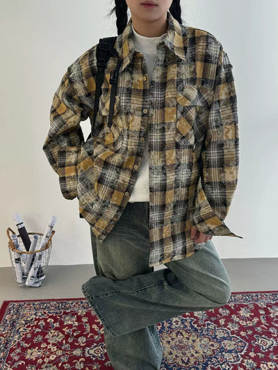 Nine Tie-Dyed Checked Shirt-korean-fashion-Shirt-Nine's Closet-OH Garments