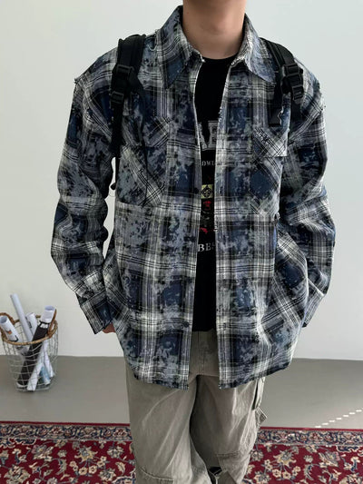 Nine Tie-Dyed Checked Shirt-korean-fashion-Shirt-Nine's Closet-OH Garments