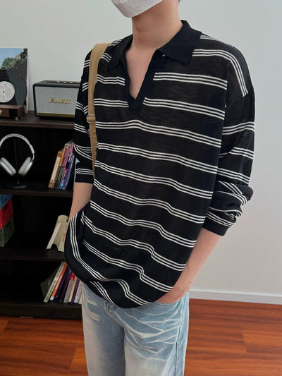 Nine V-Neck Striped Knit Polo-korean-fashion-Polo-Nine's Closet-OH Garments