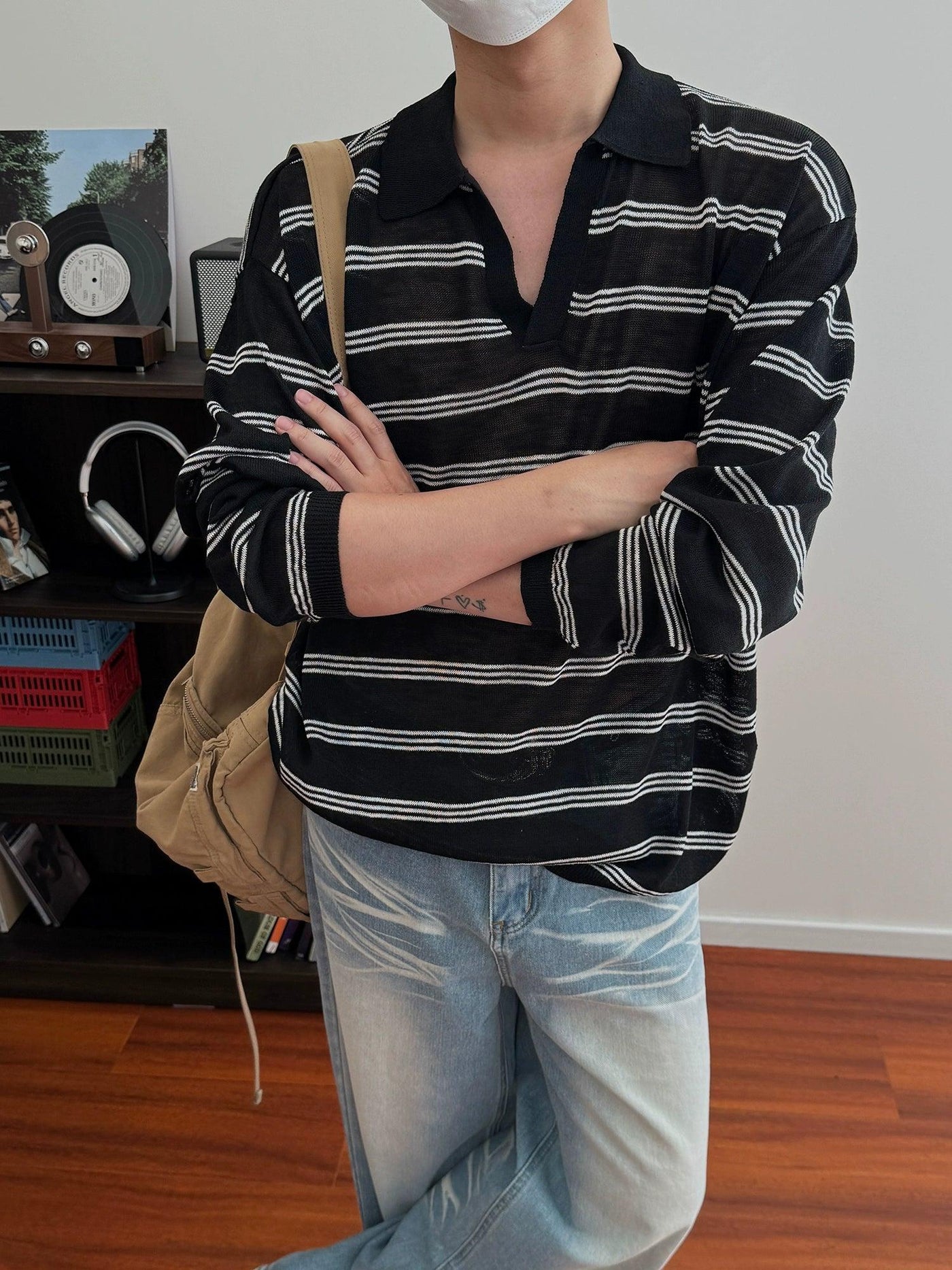 Nine V-Neck Striped Knit Polo-korean-fashion-Polo-Nine's Closet-OH Garments