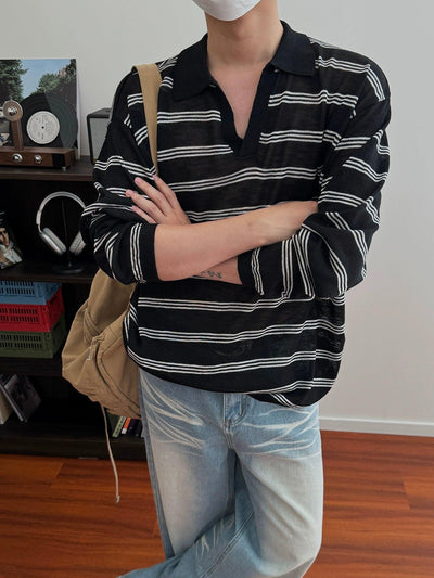 Nine V-Neck Striped Knit Polo-korean-fashion-Polo-Nine's Closet-OH Garments