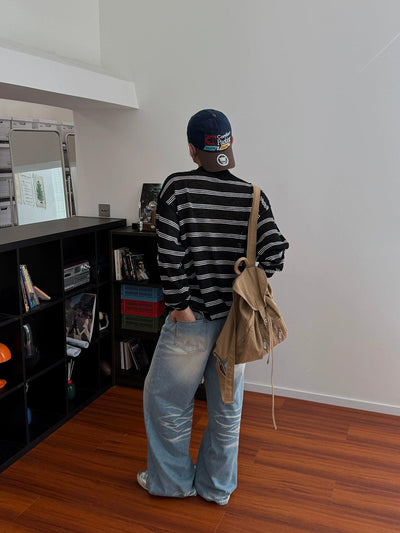 Nine V-Neck Striped Knit Polo-korean-fashion-Polo-Nine's Closet-OH Garments