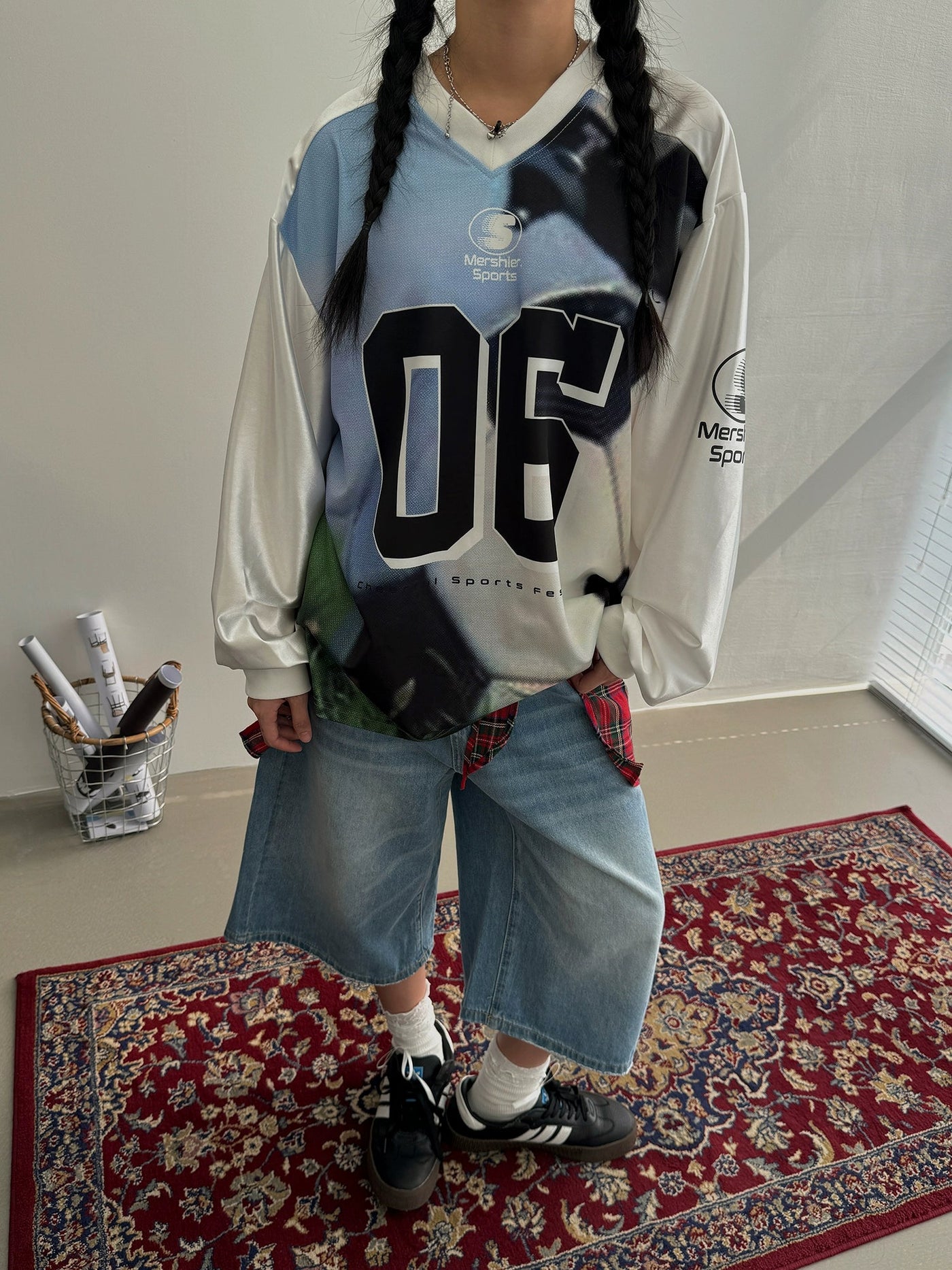 Nine Varsity Loose Fit V-Neck Long Sleeve T-Shirt-korean-fashion-T-Shirt-Nine's Closet-OH Garments