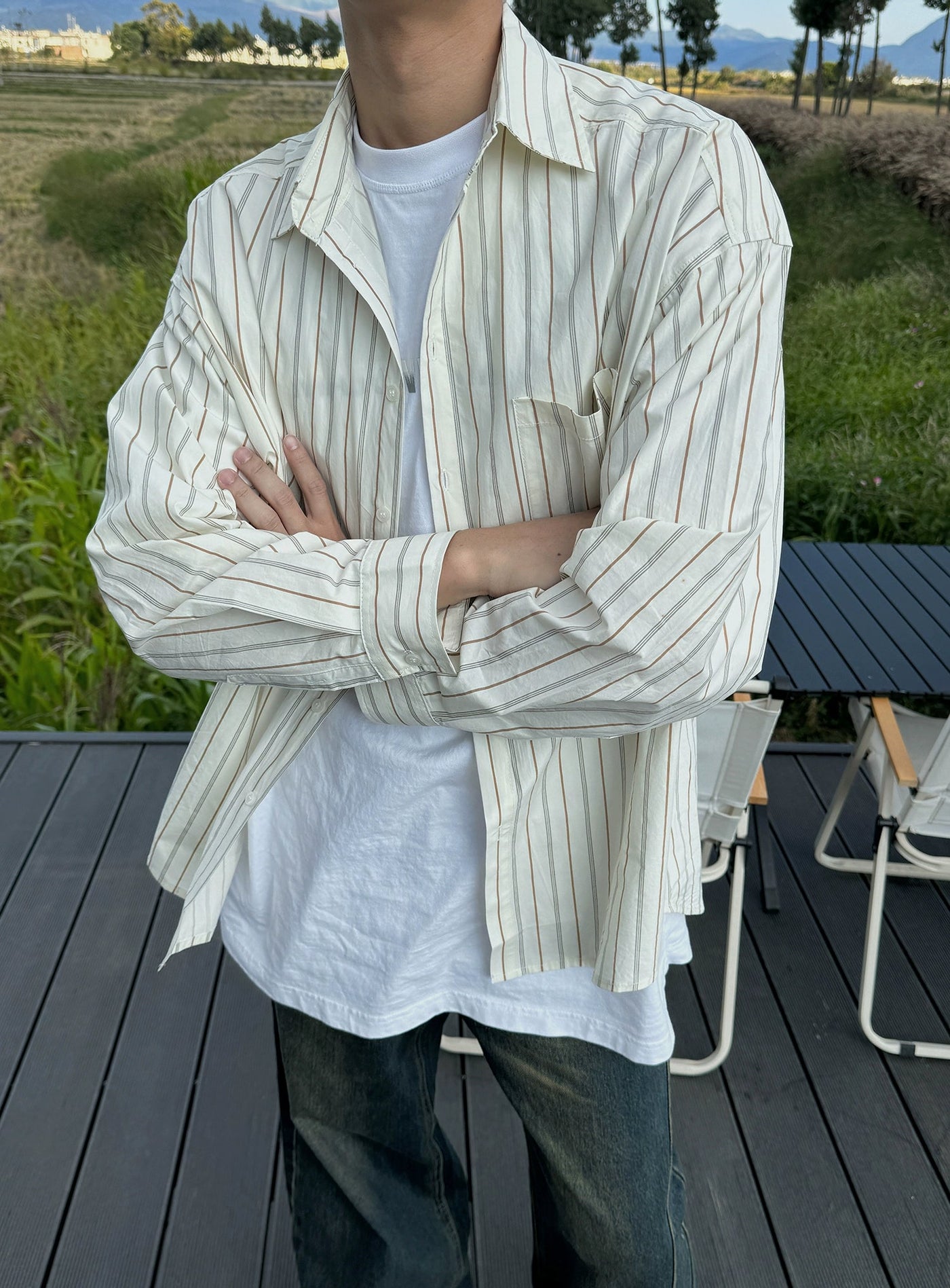 Nine Vertical Striped Relaxed Fit Shirt-korean-fashion-Shirt-Nine's Closet-OH Garments