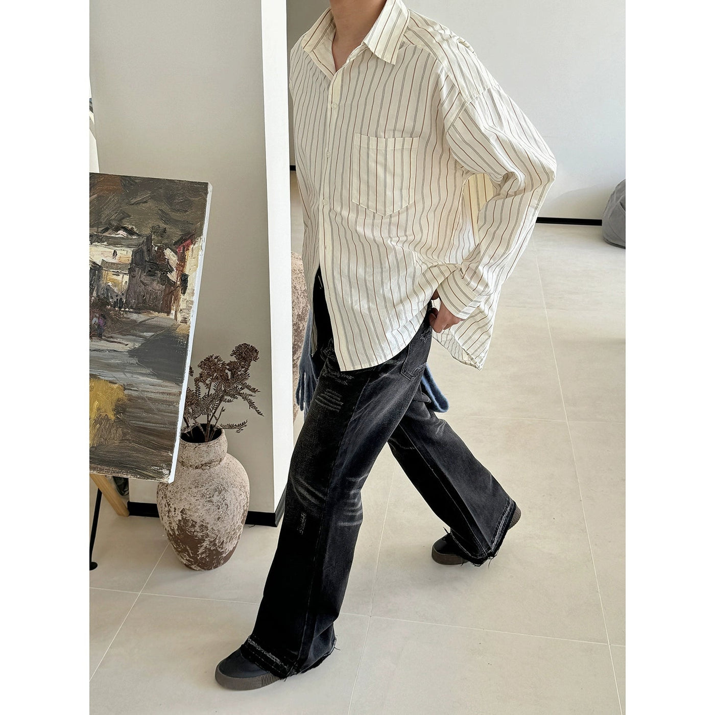 Nine Vertical Striped Relaxed Fit Shirt-korean-fashion-Shirt-Nine's Closet-OH Garments