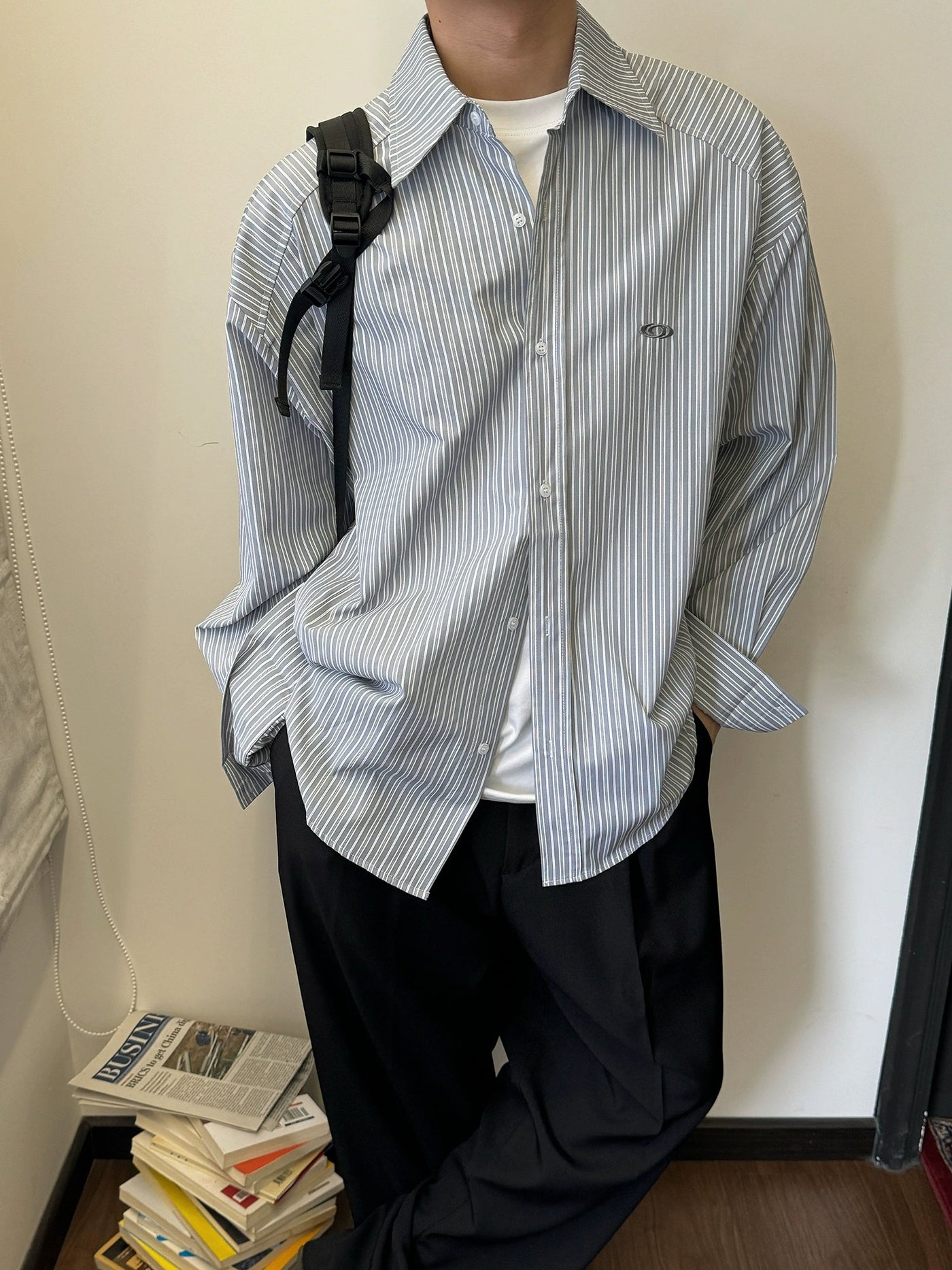 Nine Vertical Stripes Relaxed Fit Shirt-korean-fashion-Shirt-Nine's Closet-OH Garments