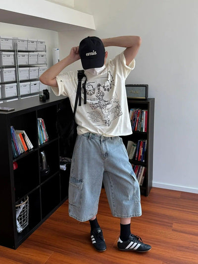 Nine Washed Big Pocket Cargo Denim Shorts-korean-fashion-Shorts-Nine's Closet-OH Garments