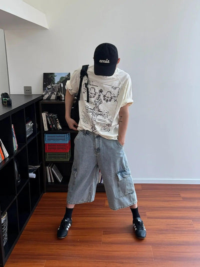 Nine Washed Big Pocket Cargo Denim Shorts-korean-fashion-Shorts-Nine's Closet-OH Garments