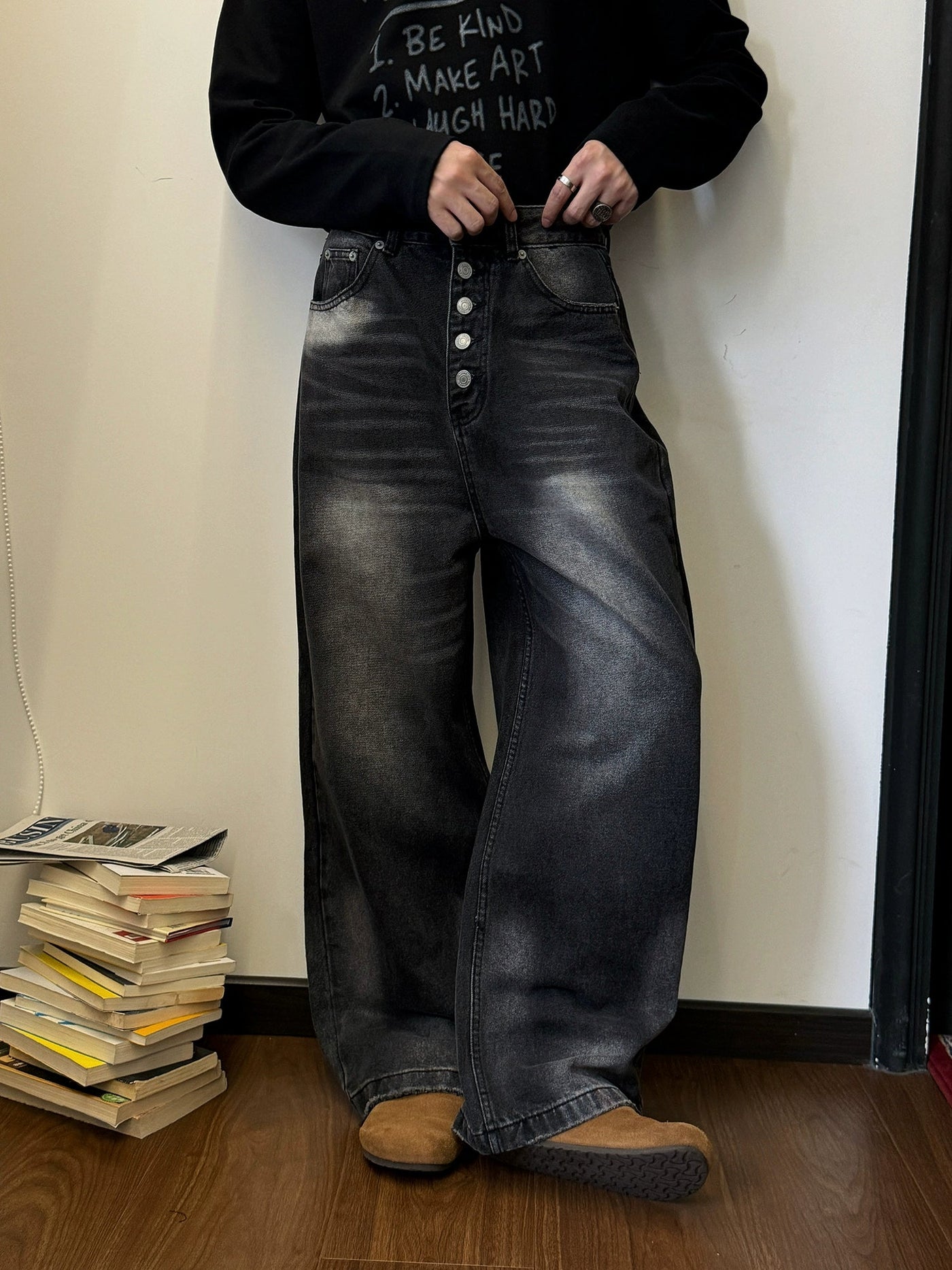 Nine Washed Buttoned-Down Jeans-korean-fashion-Jeans-Nine's Closet-OH Garments