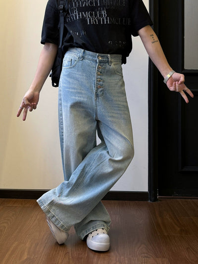 Nine Washed Five-Button Straight Jeans-korean-fashion-Jeans-Nine's Closet-OH Garments