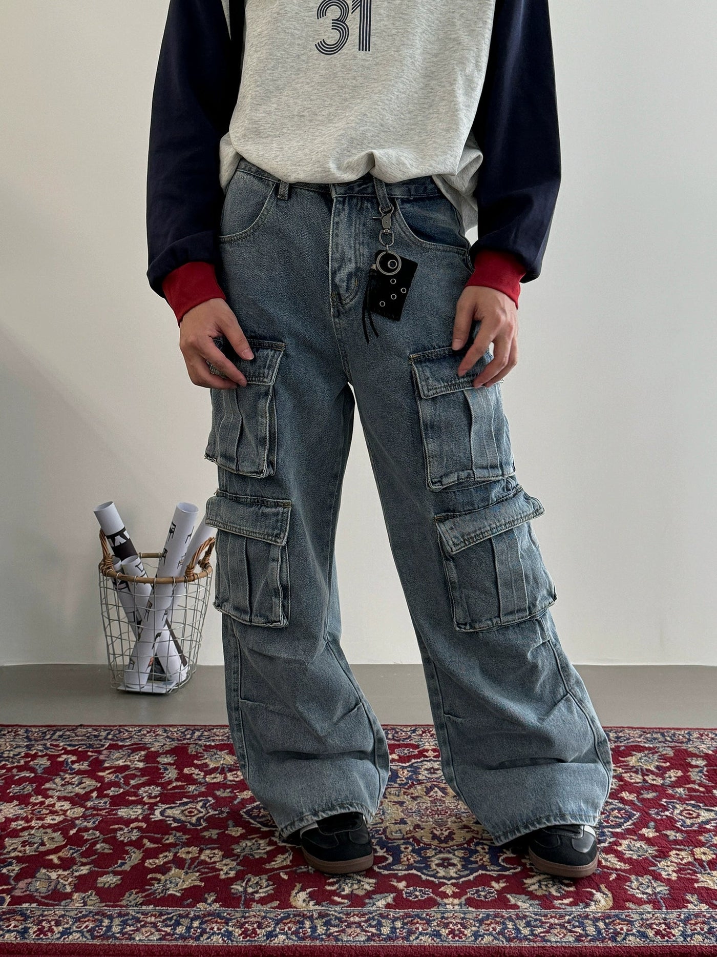 Nine Washed Multi-Flap Pocket Cargo Jeans-korean-fashion-Jeans-Nine's Closet-OH Garments