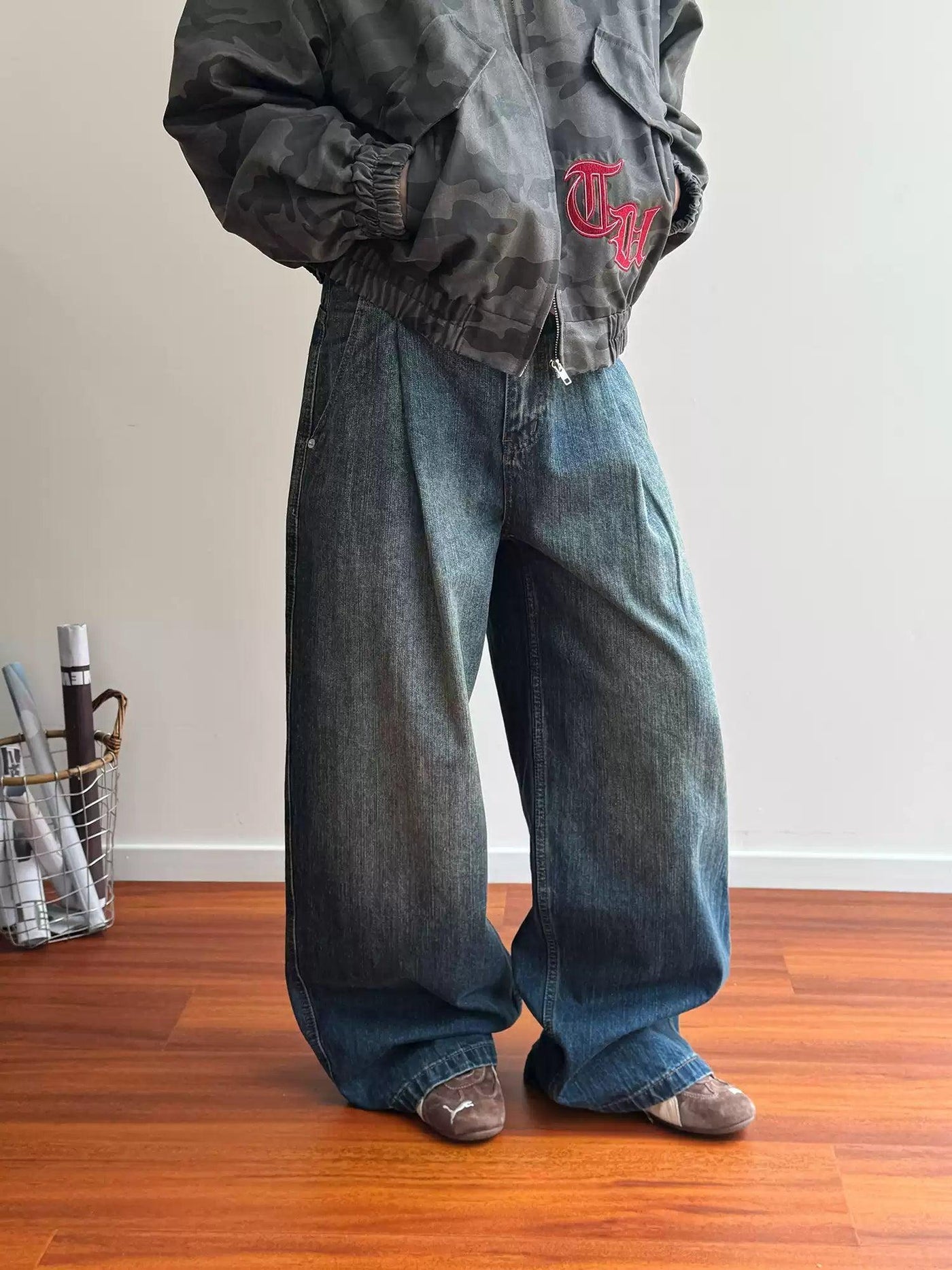 Nine Washed Pleated Wide Jeans-korean-fashion-Jeans-Nine's Closet-OH Garments
