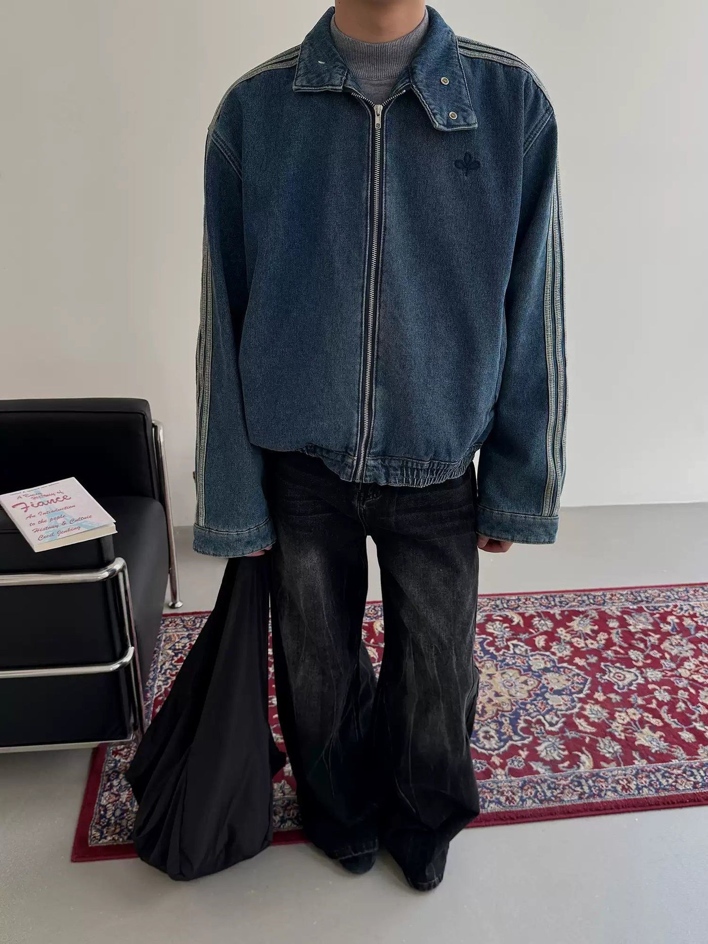 Nine Washed Shoulder Striped Denim Jacket-korean-fashion-Jacket-Nine's Closet-OH Garments