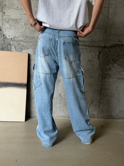 Nine Washed Slant Big Pocket Cargo Jeans-korean-fashion-Jeans-Nine's Closet-OH Garments