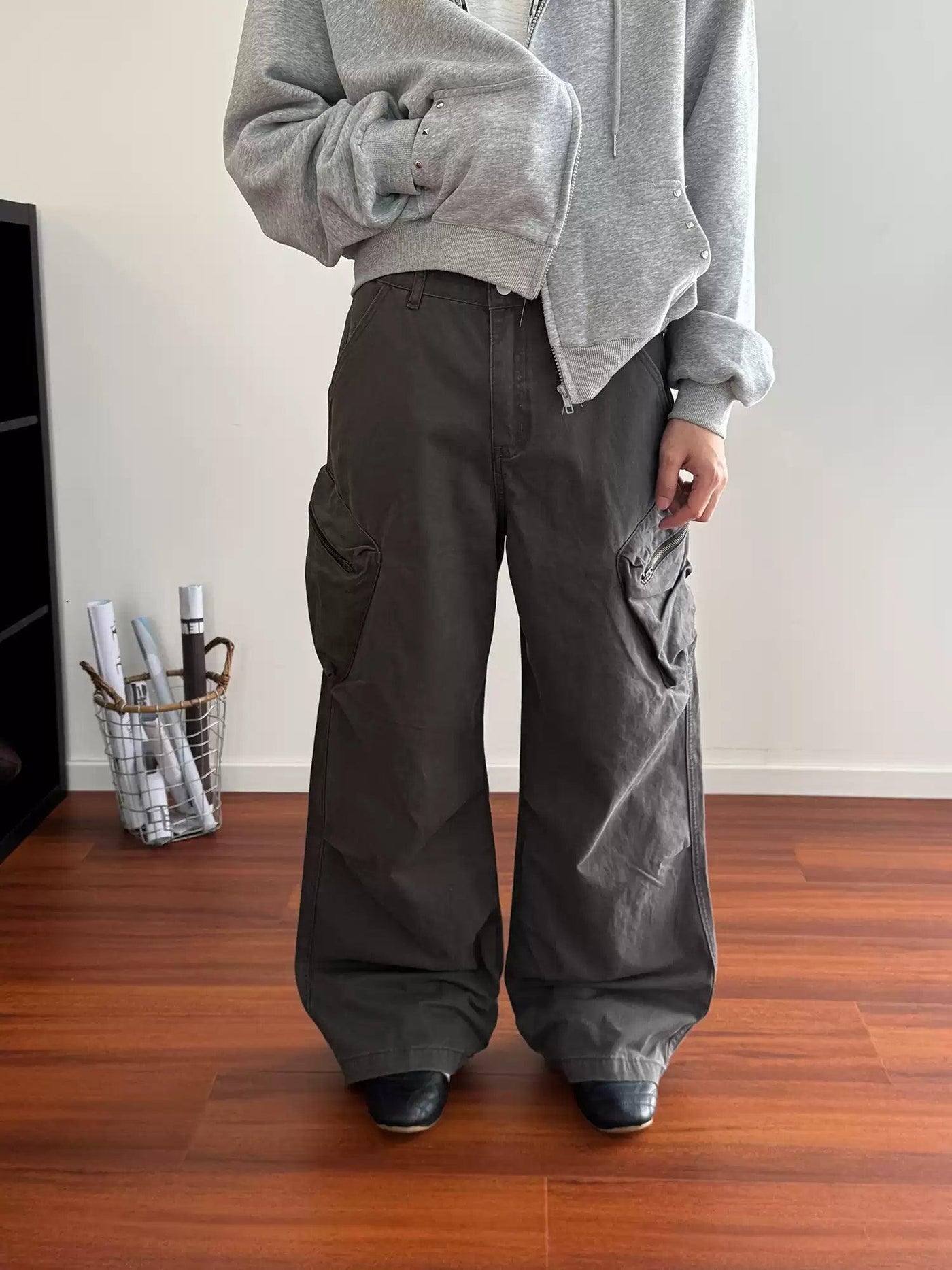 Nine Washed Utility Pocket Cargo Pants-korean-fashion-Pants-Nine's Closet-OH Garments