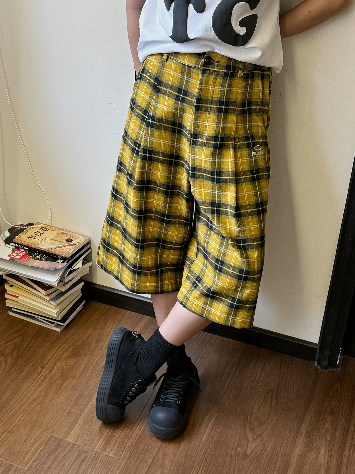 Nine Yellow Plaid Long Shorts-korean-fashion-Shorts-Nine's Closet-OH Garments