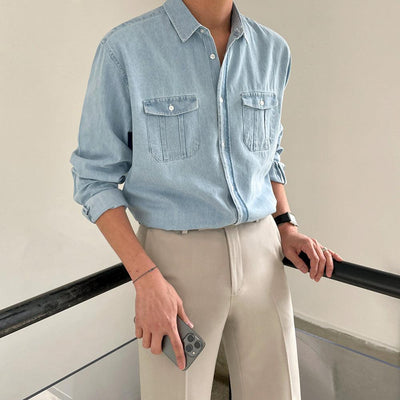 OH Breast Pocket Buttoned Denim Shirt-korean-fashion-Shirt-OH Atelier-OH Garments
