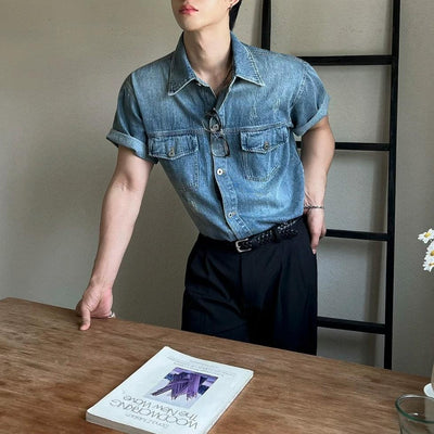 OH Breast Pocket Washed Denim Shirt-korean-fashion-Shirt-OH Atelier-OH Garments