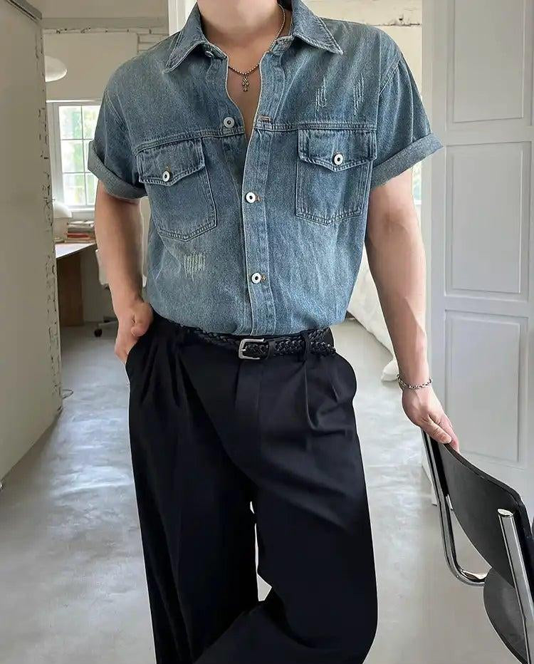 OH Breast Pocket Washed Denim Shirt-korean-fashion-Shirt-OH Atelier-OH Garments