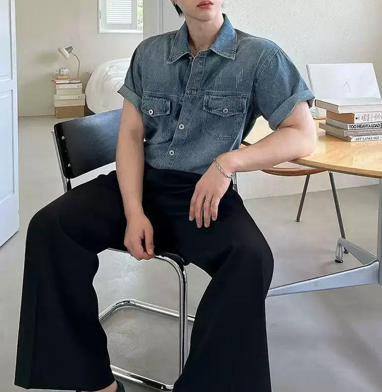 OH Breast Pocket Washed Denim Shirt-korean-fashion-Shirt-OH Atelier-OH Garments