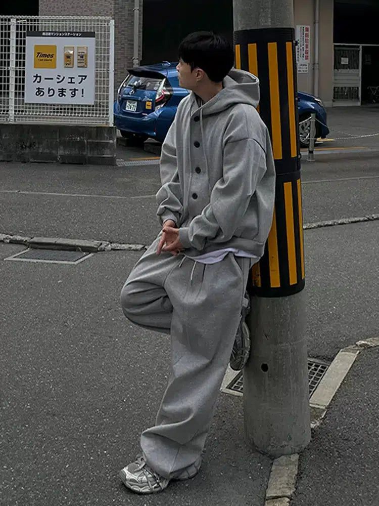 OH Buttoned Hoodie and Pocket Details Sweatpants Set-korean-fashion-Clothing Set-OH Atelier-OH Garments