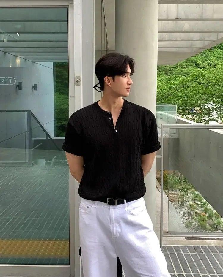 OH Cable Knit Henley Collar T-Shirt-korean-fashion-T-Shirt-OH Atelier-OH Garments