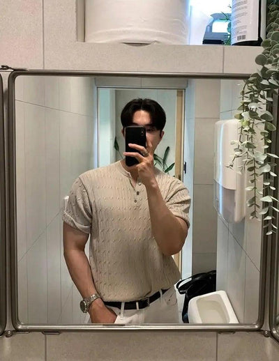 OH Cable Knit Henley Collar T-Shirt-korean-fashion-T-Shirt-OH Atelier-OH Garments