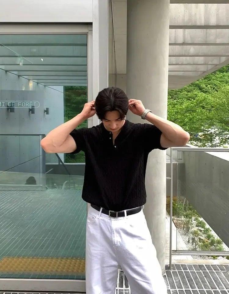 OH Cable Knit Henley Collar T-Shirt-korean-fashion-T-Shirt-OH Atelier-OH Garments