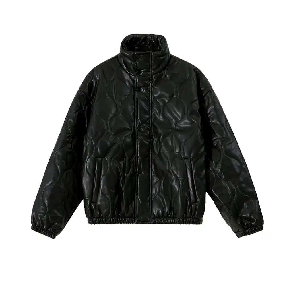 OH Curve Pattern PU Leather Puffer Jacket-korean-fashion-Jacket-OH Atelier-OH Garments