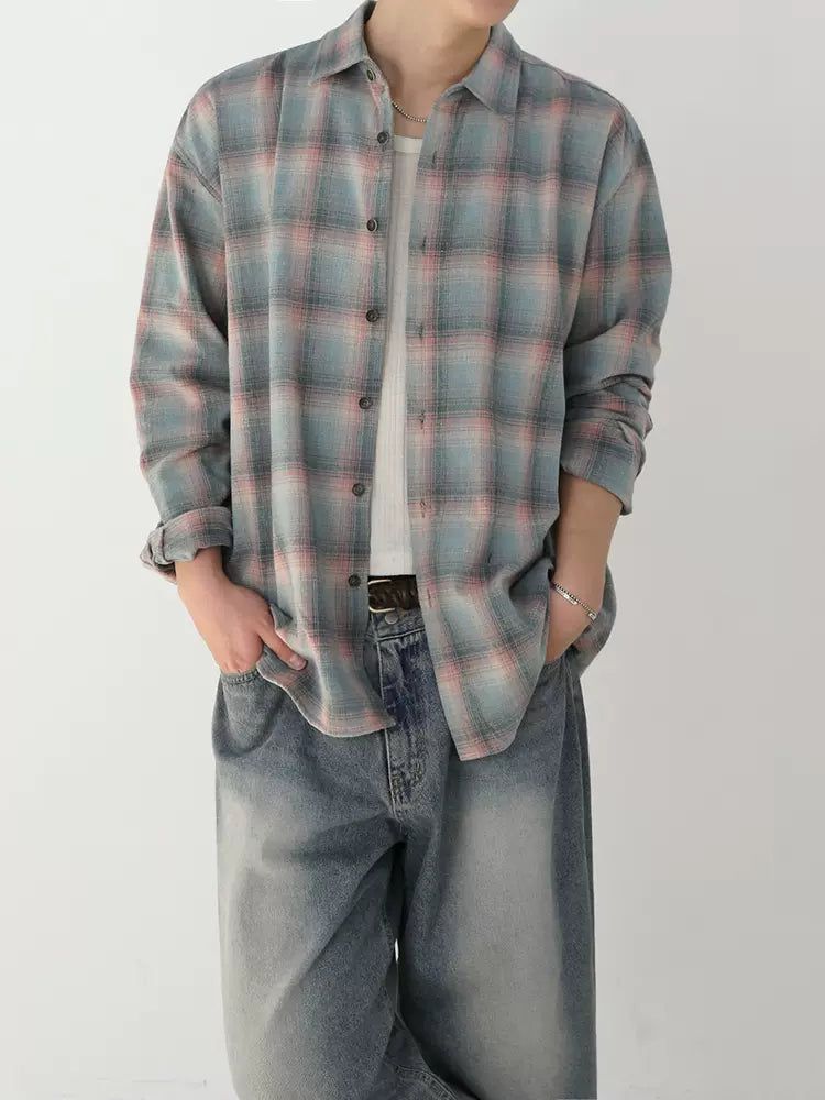 OH Faded Plaid Long Sleeve Shirt-korean-fashion-Shirt-OH Atelier-OH Garments