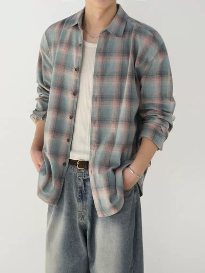 OH Faded Plaid Long Sleeve Shirt-korean-fashion-Shirt-OH Atelier-OH Garments