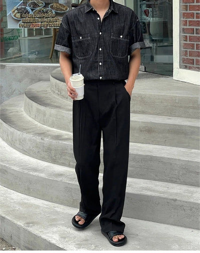 OH Front Pocket Denim Short Sleeve Shirt-korean-fashion-Shirt-OH Atelier-OH Garments