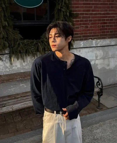 OH Henley Collar Long Sleeve T-Shirt-korean-fashion-T-Shirt-OH Atelier-OH Garments