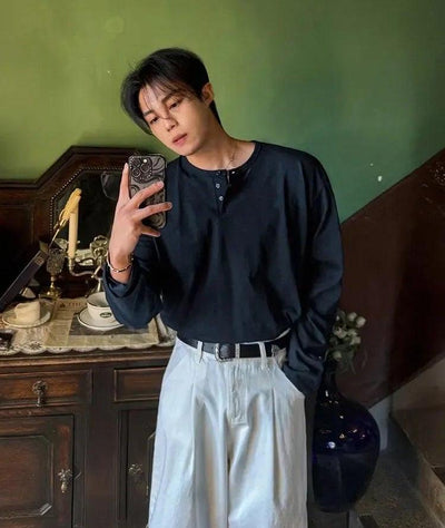 OH Henley Collar Long Sleeve T-Shirt-korean-fashion-T-Shirt-OH Atelier-OH Garments